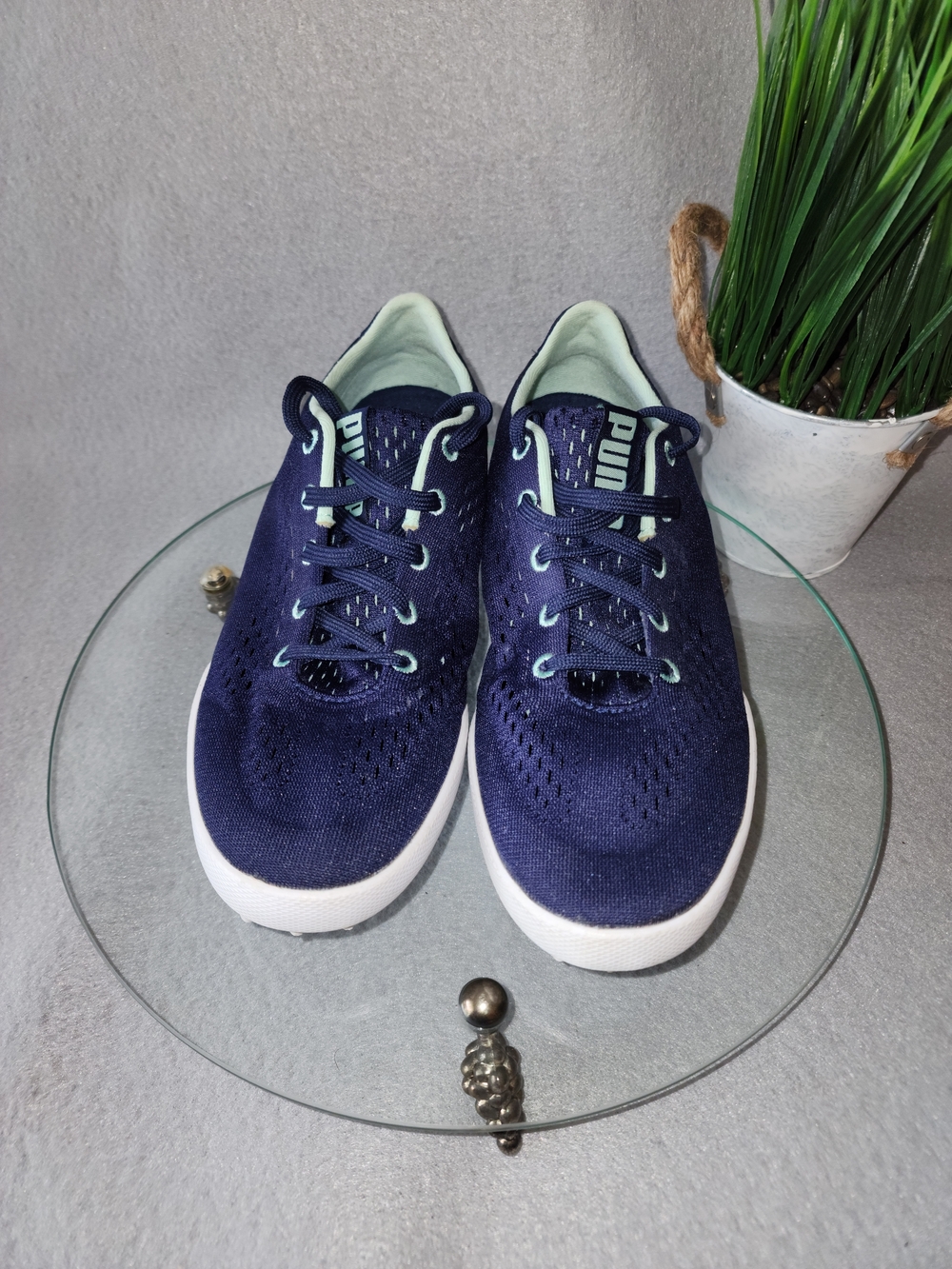 PUMA Navy Knit Golf Sneakers with Mint Accents Monolite Cat Engineered Mesh Sz 7